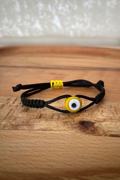 Balzamin Design Handmade Yellow Evil Eye Beaded Black Yellow Adjustable Bracelet