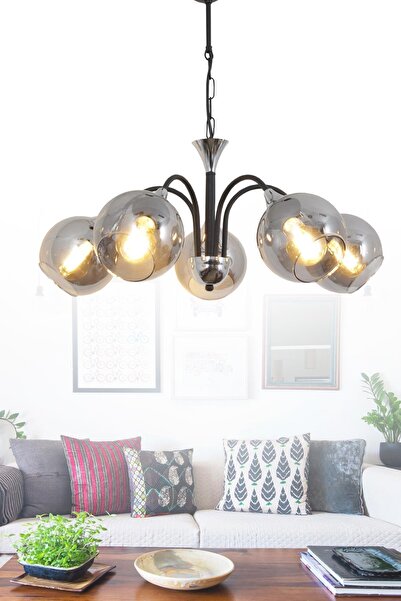 Taşcan Aydınlatma Girne 5 Li Siyah Avize-Füme Camlı Dekoratif Tasarım Yatak O...