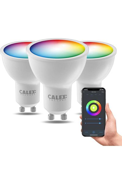 Calex Set of 3 Calex smart RGB LED bulbs, Wi-Fi, Bluetooth, GU10, 4.9W, 345 lm