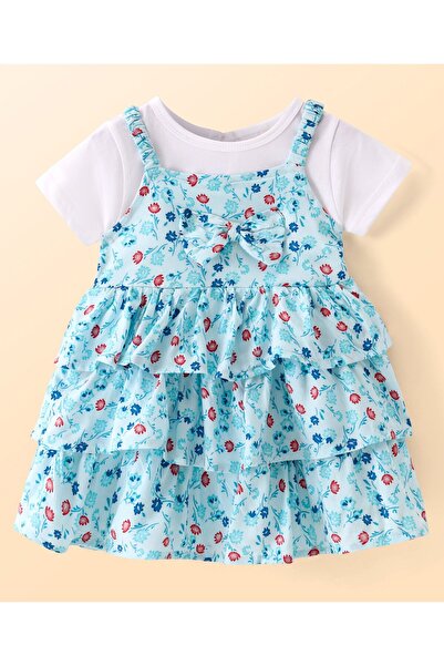 Babyhug Babyhug Rayon Woven Floral Printed Layered Frock With Half Sleeves Inner Tee & Bow Applique-Sky Blue