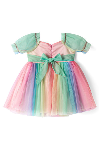 Bonfino Rainbow Mesh Bow Detailed Short Sleeves Party Dress - Multicolor