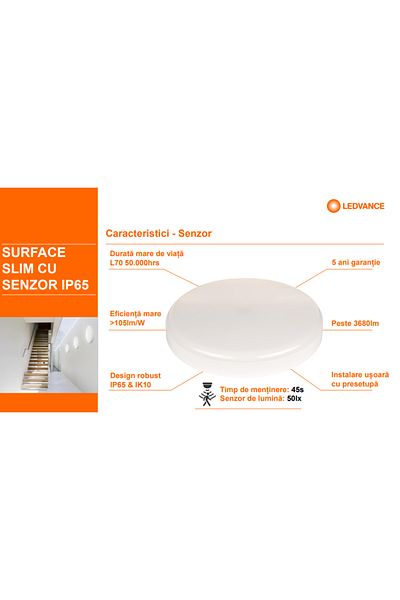 Ledvance Plafoniera LED pentru exterior cu senzor de miscare Ledvance SURFACE SLIM ROUND 260, 26W, 2730 lm