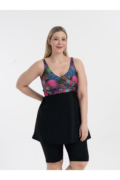 AQUAVİVA Aquaviva Women's Black Tropical Pattern Plus Size Double Breasted Tights Recovery Dress Swimsuit