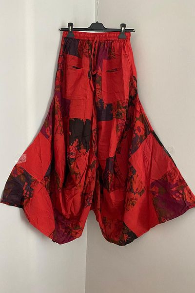 AYASOFYA OTANTIK Women's Red Ethnic Pattern Waisted Elastic Bag and Pocket 100% Cotton Loose Bohemian Balloon Skirt