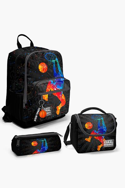 Coral High Set de 3 ghiozdane gri cu model de baschet - SET 0123643
