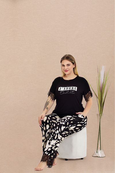 Lady Lingerie Κοντομάνικο σετ γυναικεία πιτζάμα μεγάλου μεγέθους με τούλι στα μανίκια και τα πόδια