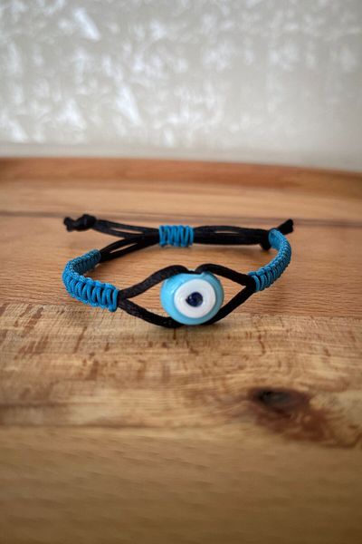 Balzamin Design Handmade Evil Eye Beaded Blue Black Adjustable Bracelet