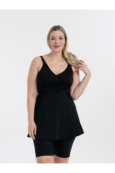 AQUAVİVA Aquaviva Women's Black Plus Size Double Breasted Tights Recovery Dress Swimsuit