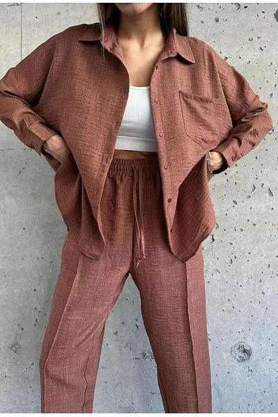 Famel Butik Women's Double Linen Shirt, Trousers, Top and Bottom Set