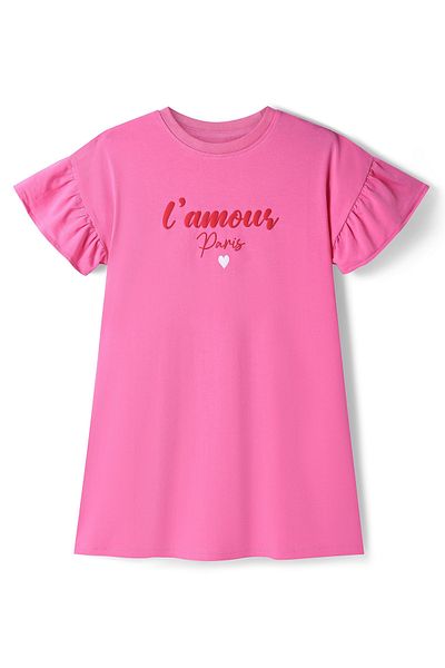 Primo Gino Primo Gino Cotton Knit Flutter Sleeves A Line Frock with Chest Text Print - Dark Pink