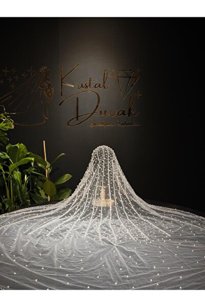 Kristal Duvak İncili Başak Model Gelin Duvağı - Beyaz Duvak