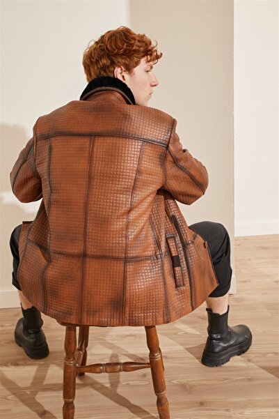 Deriderim Viski Braxton Içi Kahve Tüylü Fermuarlı Süs Düğmeli Sıcak Tutan Hakiki Kürk Erkek Kaban