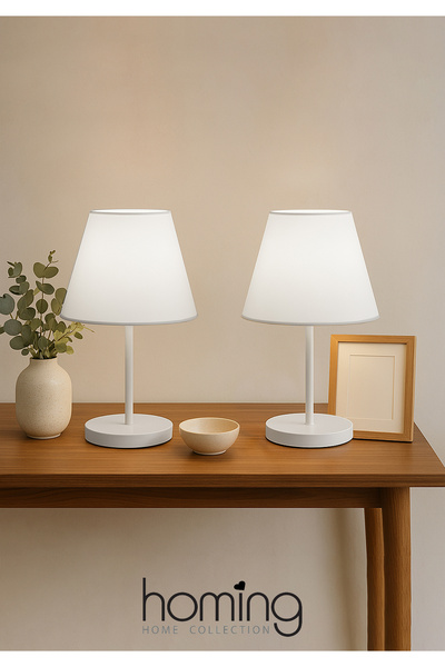 HOMİNG Homing Set of 2 Bedroom White Pedestal Lampshade 241965