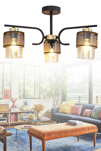 Taşcan Aydınlatma Amon 3 Lü Siyah Gold Avize Boru Cam Dekoratif Tasarım Yatak...