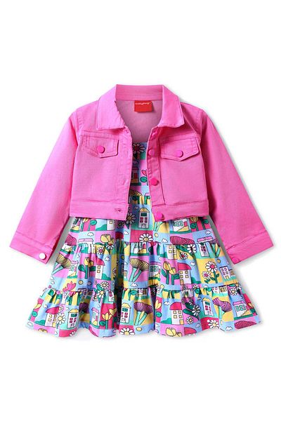 Babyhug Babyhug Cotton Knit Floral Printed Frock & Full Sleeves Solid Color Jacket - Pink
