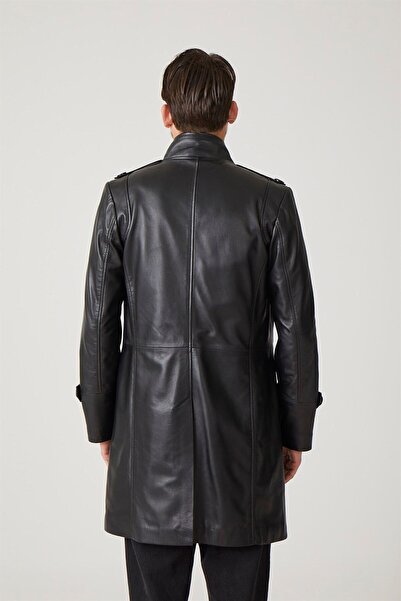 Deriderim Black Darryl Men's Buttoned Lined Epaulets Slit Stand Collar Slim Fit Genuine Leather Coat