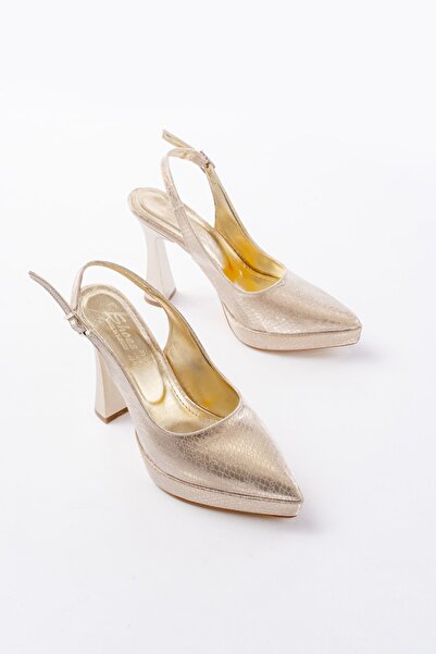 infon shoes creation B-2101 Gold Günlük Arkası Açık Yılan Desenli Topuklu Ayakkabı