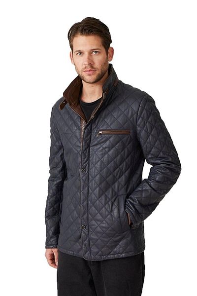 Deriderim Navy Blue Ulric Men's Quilted Stitched Waist-Sitting Lined Zipper Closure Genuine Leather Coat