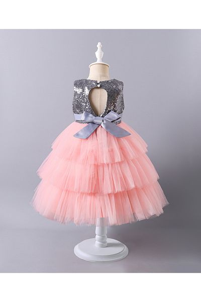Mark & Mia Bow Detailed Sequins Embellished Sleeveless Tulle Dress - Grey & Peach