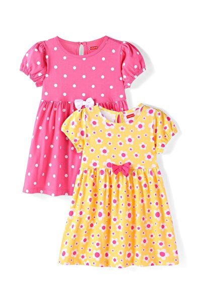 Babyhug فستان بيبي هاج جيرسي محبوك بأكمام نصفية مع تطريز فيونكة وطبعة زهور، ع...