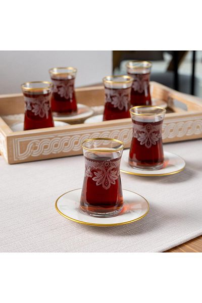 Anadolia طقم شاي مكون من 6 قطع مع طبق بورسلين منقوش بشكل رائع