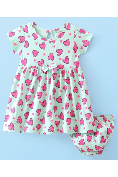 Babyhug Babyhug Single Jersey Knit Half Sleeves Frock With Bloomer Heart Prin...