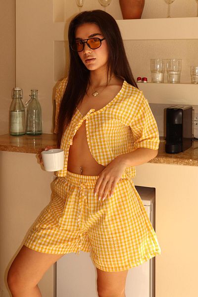 Madmext Yellow Gingham Shorts Blouse Set Mg2373