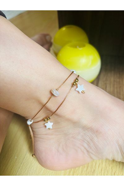 By Song Aksesuar White Anklet with Mother of Pearl Natural Stone