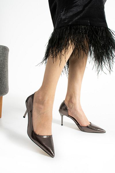 Güllü Shoes Metallic Smoked Snakeskin Pattern Vegan Leather Thin Heels 7 cm Pointed Toe, Stylish and Comfortable