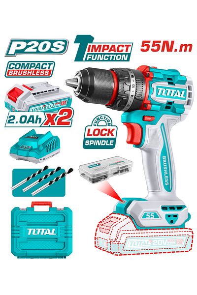 TOTAL دريل بطارية رجاج 20v 55n.m شنطة بلاستيك مع بطارية إضافية و شاحن
