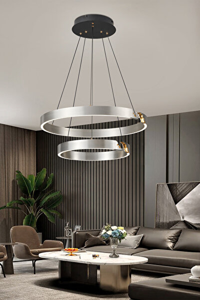 Apliqa Late Gri İki Katlı Yuvarlak 69 Watt Modern Sarkıt Salon Led Avize