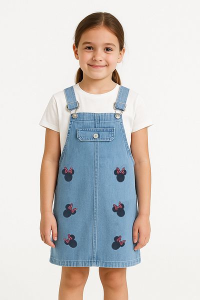 Trend Bebe Butik 2-8 Years Old Girl's Minnie Mouse Embroidered Denim Gilet Dress |   Strappy Jean Salopet Summer Dress