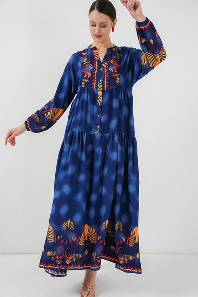 modaserdem 2423 Authentic Patterned Hijab Dress - Navy Blue 5
