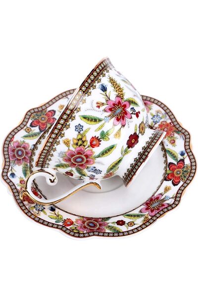 fanquare Mavi Çiçek Bone China Çay Fincanı, 200 ml, Porselen Vintage Fincan ve Tabak