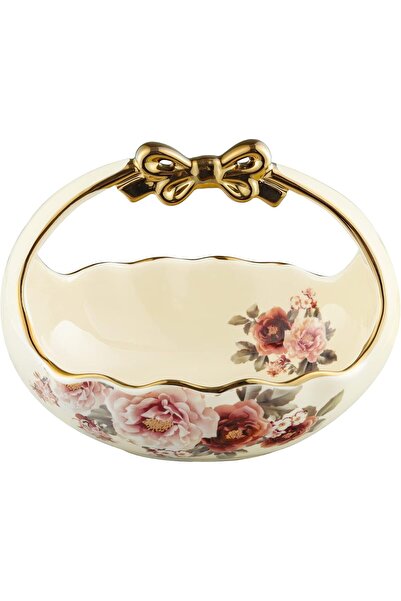 fanquare سلة فواكه سيراميك عتيقة، 19 سم، حافة مموجة، وعاء سيراميك بمقبض ذهبي