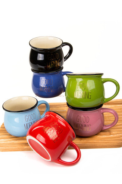MUKKO HOME Set of 6 Enamel Look Porcelain Mugs Good Morning Gold Written 250 ml