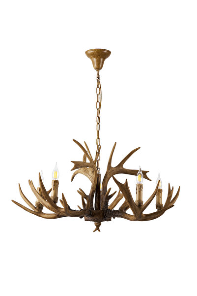 Apliqa Zoye Ahşap 5'li Geyik Boynuzu Desenli Modern Kafe Restoran. Salon Avize