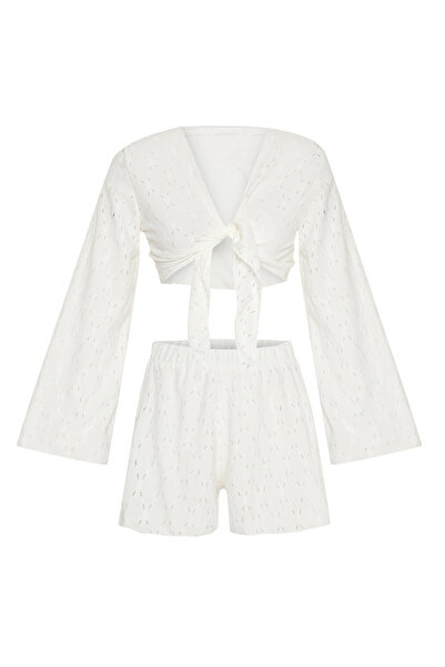 AQUELLA Güpür Dantel Ekru Crop Top-Şort Takım