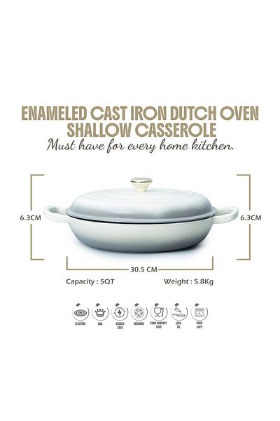 VAV GET Enameled Cast Iron Dutch Oven Shallow Casserole Braiser Pan, 30.5x6.3cm / 12x2.5inch