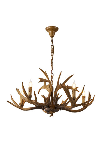 Apliqa Zoye Ahşap 5'li Geyik Boynuzu Desenli Modern Kafe Restoran. Salon Avize