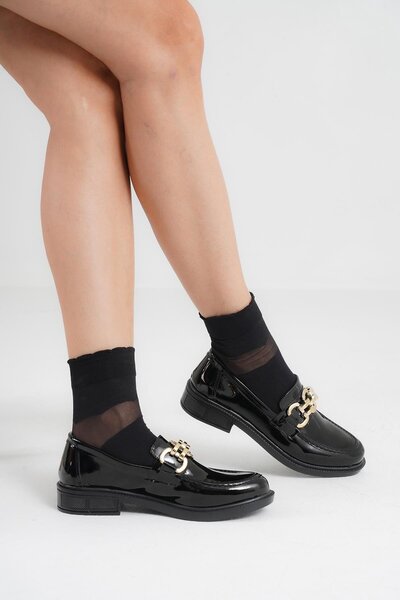 Beyond Kadın Siyah Rugan D Tokalı Loafer Makosen Ayakkabı 3cm Byndlfrk01