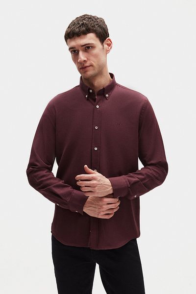 D'S Damat Ds Damat Slim Fit Plum Oxford με κουμπιά γιακά Εύκολο σιδέρωμα Βαμβακερό πουκάμισο με λεπτομέρεια κεντήματος
