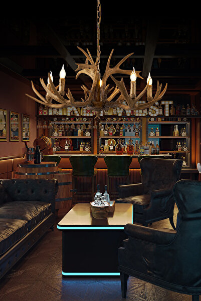 Apliqa Zoye Ahşap 5'li Geyik Boynuzu Desenli Modern Kafe Restoran. Salon Avize