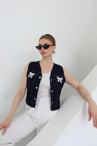 Laluvia Marineblaue Denim-Weste mit Schleife - 6518