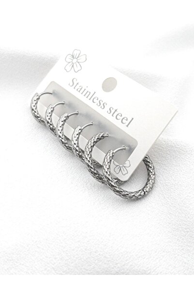 Siya Silver 3 Pairs of Patterned Steel Hoop Earrings 18-15-14 mm