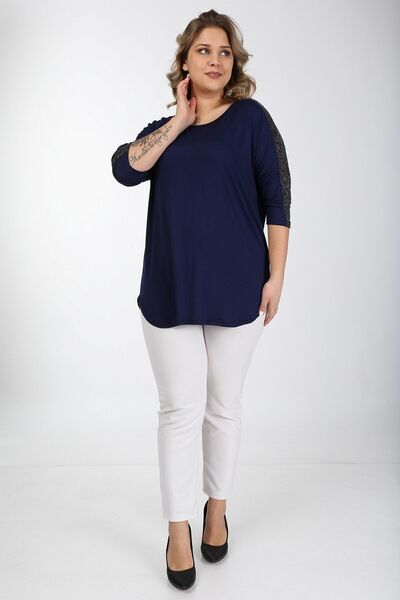 Alesia Sötétkék háromnegyed ujjú csillogó női blúz