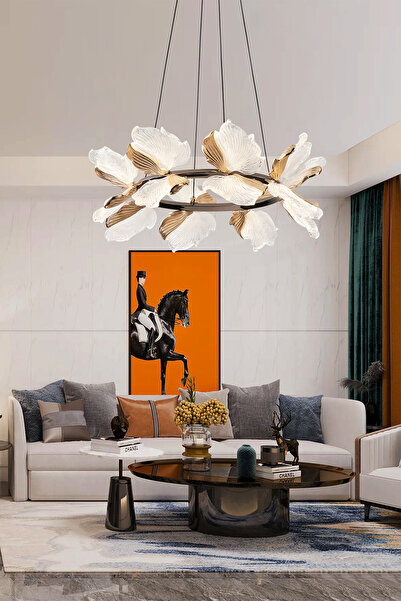 Apliqa Taran 60'lik Siyah Gold Çiçek Desenli 80 Watt Yuvarlak Modern Salon Led Avize