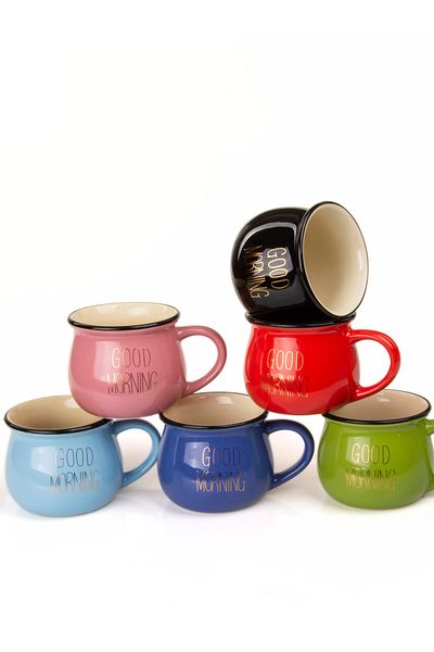 MUKKO HOME Set of 6 Enamel Look Porcelain Mugs Good Morning Gold Written 250 ml