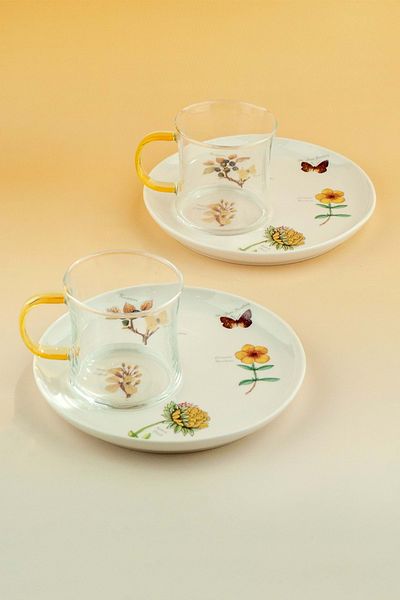 Bursa Porselen Dekor Yellow Botanical Two Person Tea Mug Set