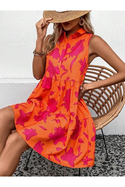 AFROGİYİM Rochie de damă portocaliu roz cu modele florale cu nasturi